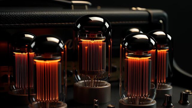 Glowing orange vacuum tubes heating up inside a vintage electric guitar amplifier in a cinematic 3D animation, visualizing analog sound concepts.