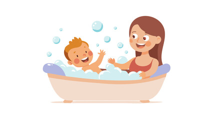 A mother giving her baby a warm bath, bubbles floating around, both smiling happily