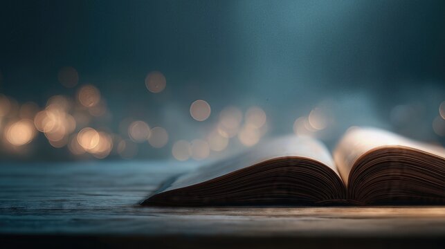 An open book on a wooden table with warm bokeh lights in the background.