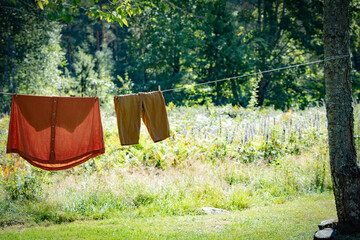 drying the laundry in the garden 