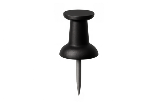 Black push pin for bulletin board, thumbtack for office supplies or memo fixation, transparent background