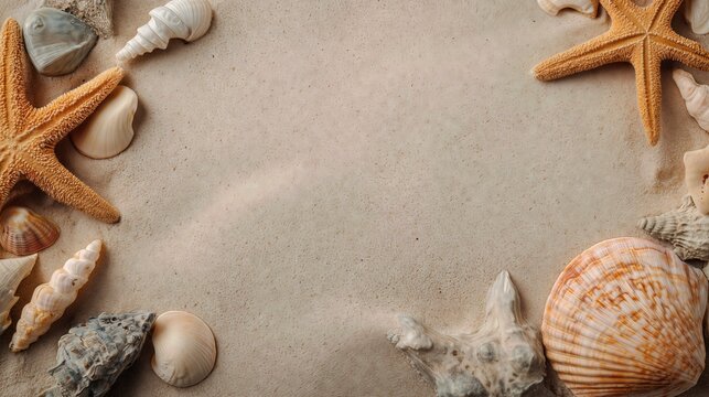Soft sandy background with arranged shells and starfish for a natural coastal theme.