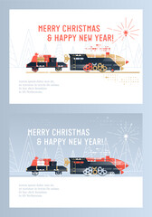The Christmas toy train from childhood rushes forward, carrying boxes and bags of gifts. Vector postcard template for Christmas and New Year