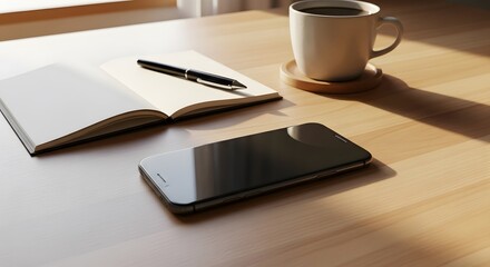 Morning Routine Coffee, Journal, and Smartphone on a Wooden Desk in Sunlight