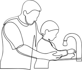 Father and child washing hands line art