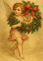Fototapeta premium Cherubic angel holding festive wreath.