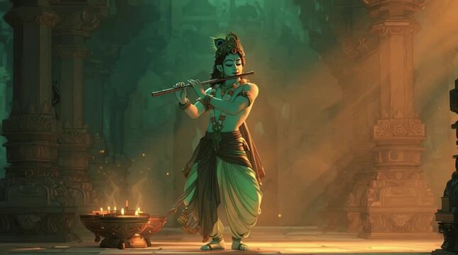 Lord Krishna playing a flute in a mystical, ancient temple with warm, golden lighting and a serene atmosphere.