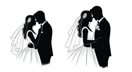 Silhouetted wedding couple embracing a romantic black and white illustration