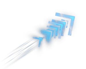 Dynamic glowing blue arrows in motion, creating a futuristic acceleration effect. Neon directional shapes with motion blur on a transparent PNG, perfect for UI, tech designs, and speed visuals.