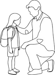 Father comforting daughter before school linear illustration