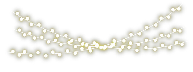 Warm glowing yellow light bulbs hanging on a curved string, emitting soft star-shaped flares. Decorative festive garland PNG for holiday, party, and celebration designs.