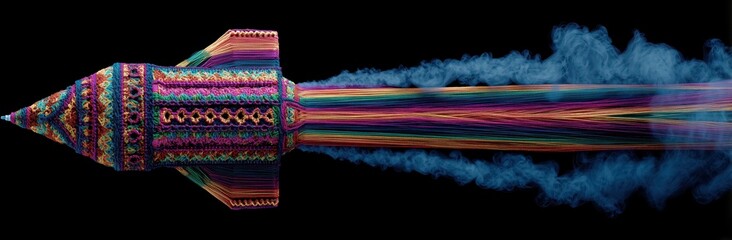 Celestial Voyager: An artistic rendering of a vibrantly adorned rocket streaks across the backdrop. A symphony of colors and motion in this striking visualization