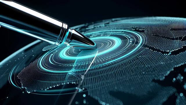 Metallic pen touching a holographic blue digital globe map to trigger connection ripples in a cinematic 3D animation illustrating global business technology.