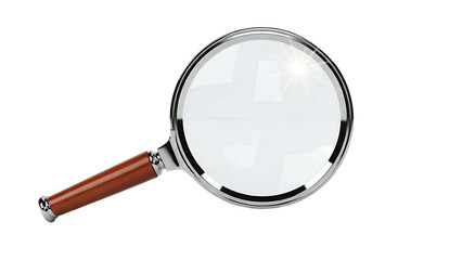 A shiny magnifying glass with a wooden handle, angled against a black background
