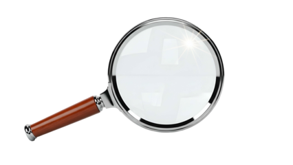 A shiny magnifying glass with a wooden handle, angled against a black background