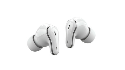 Pair of glossy white wireless earbuds angled on a solid black background
