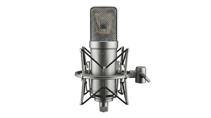 Silver studio microphone with shock mount, dark background, detailed view