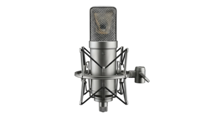 Silver studio microphone with shock mount, dark background, detailed view
