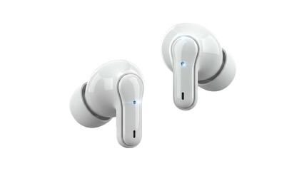 Two white wireless earbuds with elongated stems, floating in front of a black backdrop
