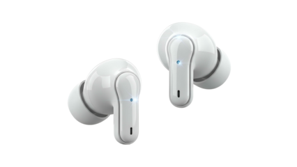 Two white wireless earbuds with elongated stems, floating in front of a black backdrop