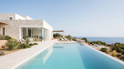 A modern villa with a pristine pool offers a breathtaking ocean view, encapsulating the essence of luxury living and serene coastal lifestyle in a beautiful setting.