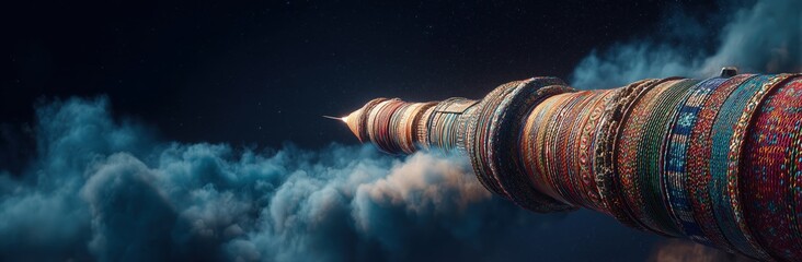 Magnificent Ornament of a Religious Structure Ascending to the Sky: A stunning ornate element from a religious structure elegantly extends into the heavens, enveloped by swirling clouds.