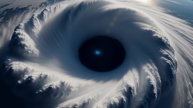 Massive hurricane clouds swirling over planet Earth in a cinematic 3D animation, showcasing the storm eye from a satellite view for meteorology concepts.