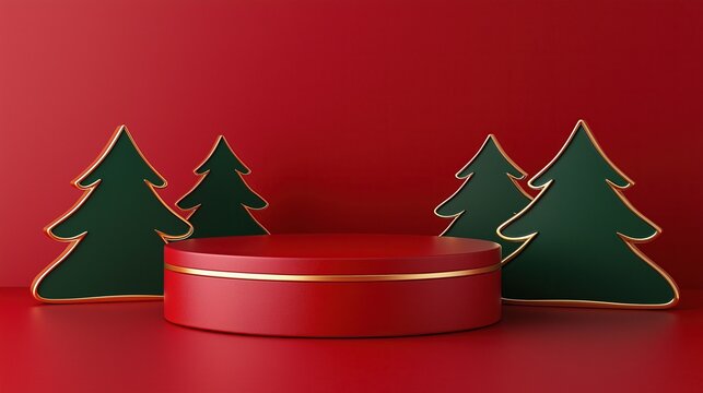 Christmas podium background with red color scheme and green tree for product display presentation New Year concept mockup vector illustration