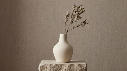 A minimalist white vase holds a graceful dried olive branch, exuding simplicity and elegance, highlighting the beauty of natural elements in a tasteful interior setting.