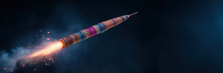 Ascending Rocket Amidst the Cosmos: A vibrant, multi-colored rocket streaks upwards against a deep, dark backdrop, igniting with powerful flames and trails of smoke.