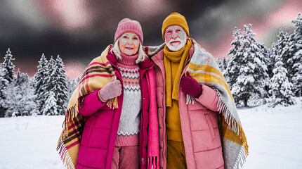 A fashionable elderly couple shares warmth under a cozy blanket in a snowy outdoor setting, expressing a charming intimacy while enjoying nature's beauty on a winter day.