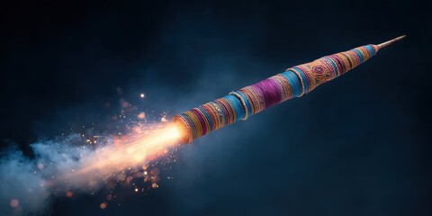 Rocket Launch: A colorful rocket soars gracefully into the heavens, its powerful engines leaving a trail of sparks and smoke. Symbol of innovation, exploration, and the boundless human spirit.