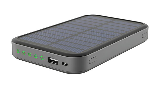 Close-up of a solar-powered portable charger with USB ports, LEDs, and solar panel
