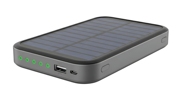 Close-up of a solar-powered portable charger with USB ports, LEDs, and solar panel
