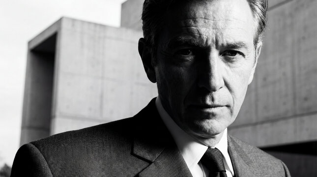 A striking black and white portrait of a determined businessman, conveying confidence and authority amidst a contemporary urban backdrop, symbolizing leadership and ambition.