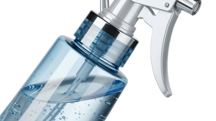 Angled close-up of a transparent blue spray bottle with silver trigger against black background