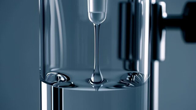 Macro close up of a clear liquid drop falling from a glass pipette with blue lighting, illustrating medical science and pharmacy concepts