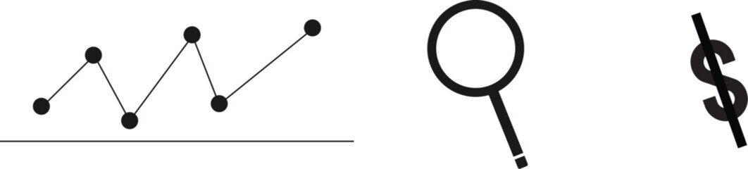 Black vector icons representing financial growth chart and magnifying glass for business analytics beside a dollar sign symbol isolated on transparent background for digital finance concepts
