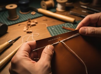 Artisan's hands stitching handcrafted leather item with needle and thread, showcasing traditional craftsmanship on a wooden table