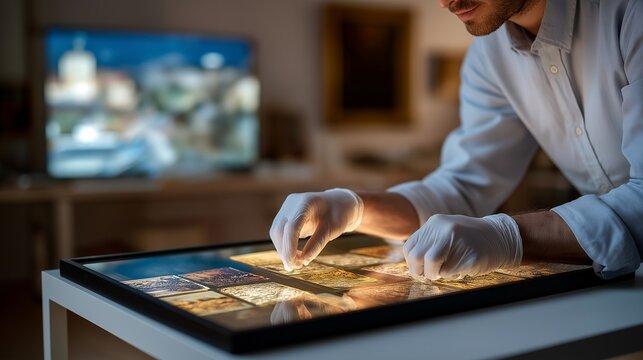 A museum archivist examining old photographic slides on a lightbox, carefully sorting historic images with gloved hands &mdash; preservation, archival research, and cultural documentation. cinematic