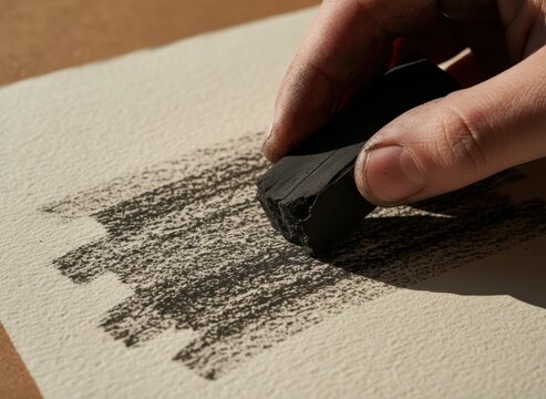 Artist's hand skillfully drawing with a rough charcoal block on textured off-white paper, creating an expressive scribble.
