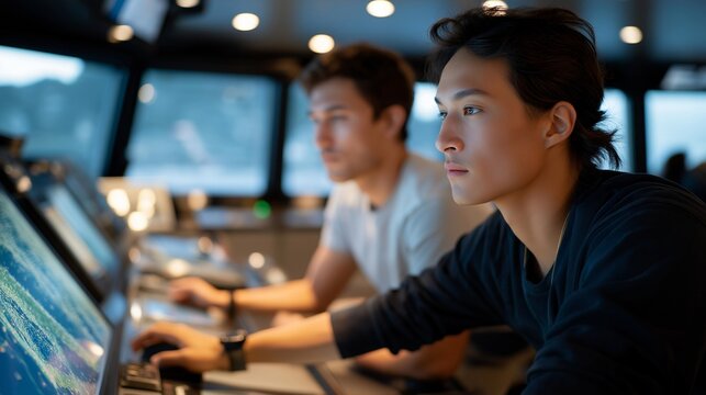 A commercial ship crew monitoring real-time propeller efficiency data on a digital bridge console, adjusting navigation paths to reduce fuel burn across long ocean routes — maritime fuel