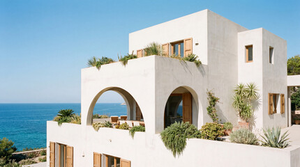A contemporary white villa overlooking the sea captures the essence of coastal living with its unique design, lush greenery, and inviting outdoor spaces for relaxation.