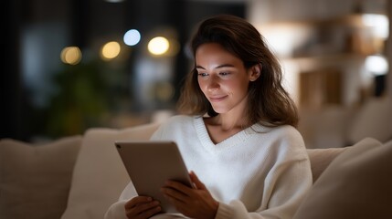 A consumer browsing an online marketplace on a tablet in a cozy living room, personalized product recommendations glowing on-screen as they scroll through trending items — e-commerce browsing,