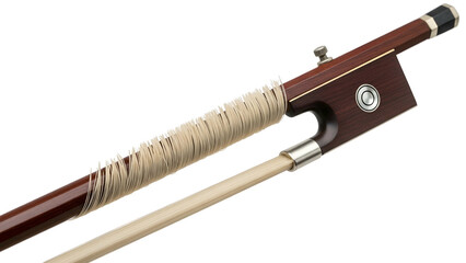 Close-up of a violin bow showing wood, horsehair, and fine detail against black