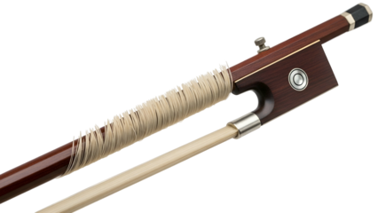 Close-up of a violin bow showing wood, horsehair, and fine detail against black