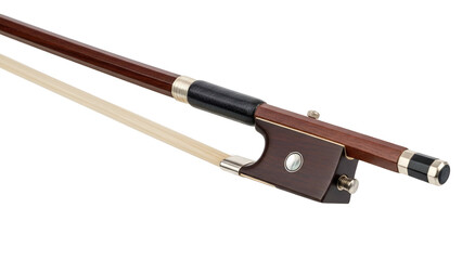 Detailed close-up of a violin bow, showcasing wood, horsehair, and metal parts