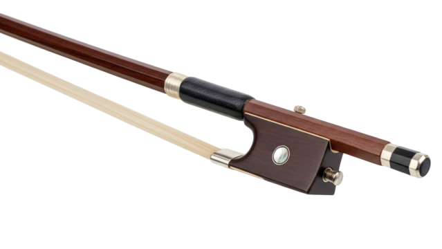 Detailed close-up of a violin bow, showcasing wood, horsehair, and metal parts
