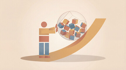 A man pushes a sphere full of colorful blocks up a sloped surface, symbolizing the challenge of balancing responsibilities and aspirations in life and work.
