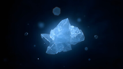 Floating crystalline data cluster emitting soft blue light pulses. Suspended in a minimal void with spacious negative space for text or design.